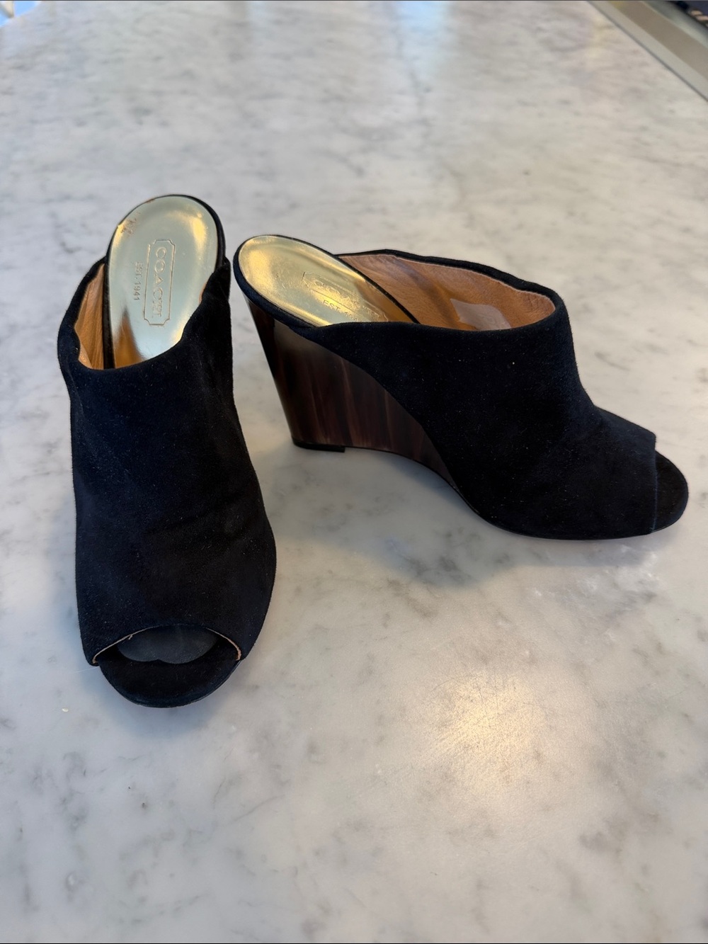Coach Black Suede Peep-Toe Wedge Mules with Wood-Look Wedge